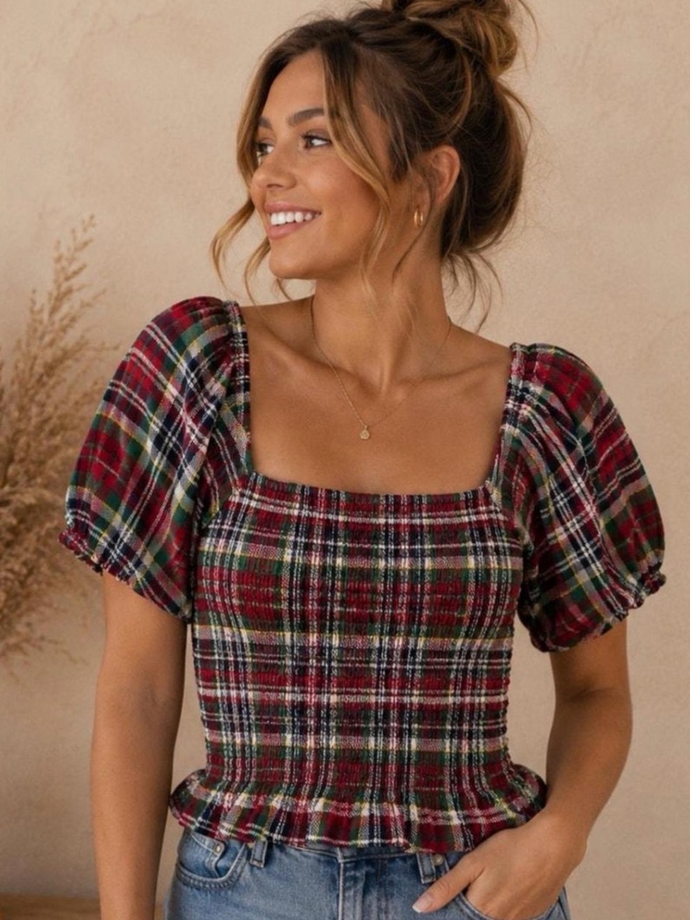 American Eagle Outfitters Red Multi Plaid Smocked Off-Shoulder Crop Top Small